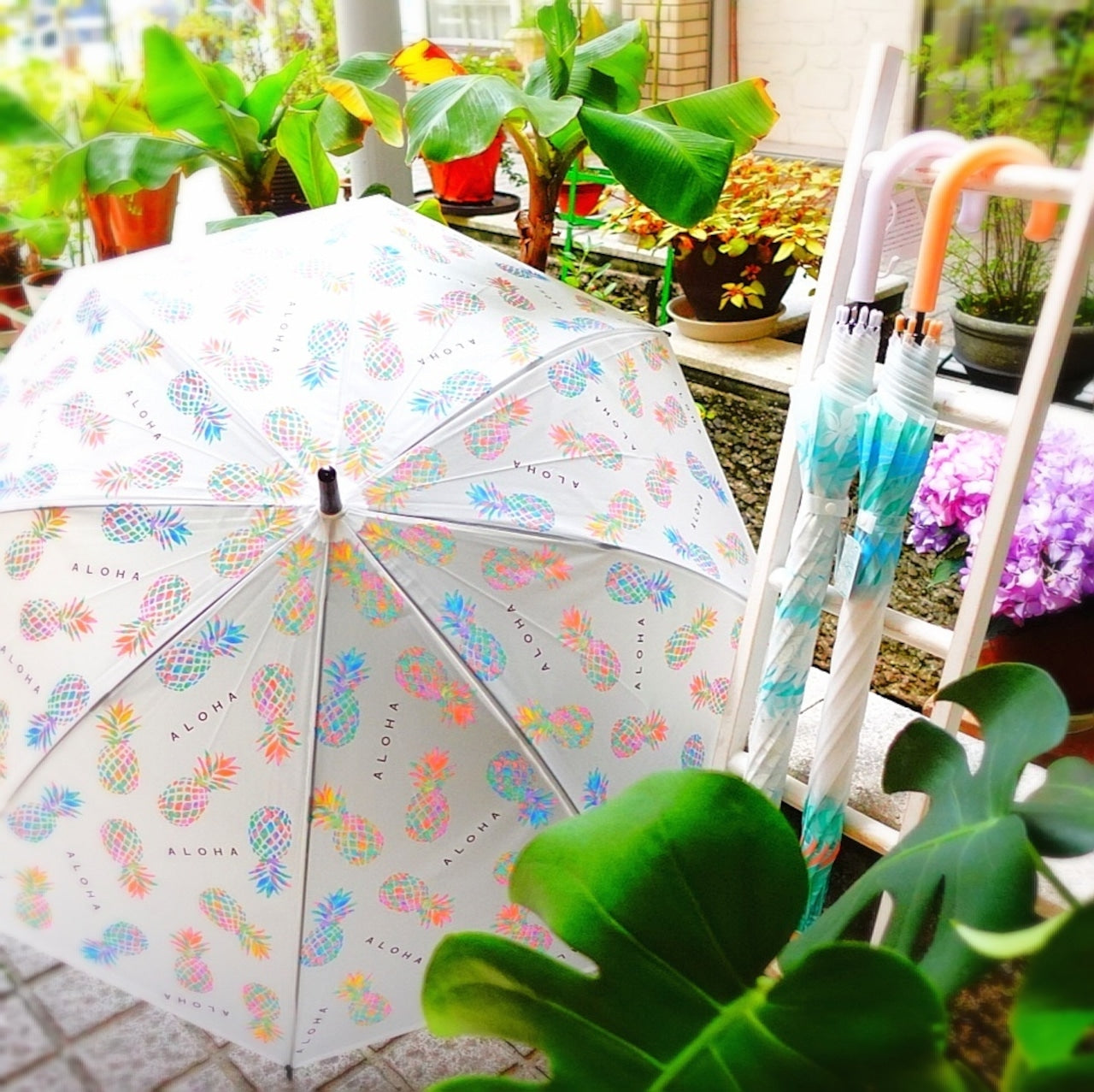 ALOHA トロピカル雨傘 アンブレラ ビニール傘 パイナップル プルメリア モンステラ ハワイアン雑貨